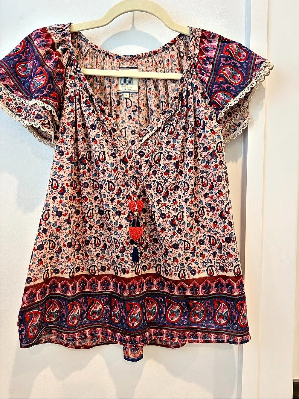 Bell by Alicia Bell Paisley Pink Heart Tassel Boho Peasant Blouse